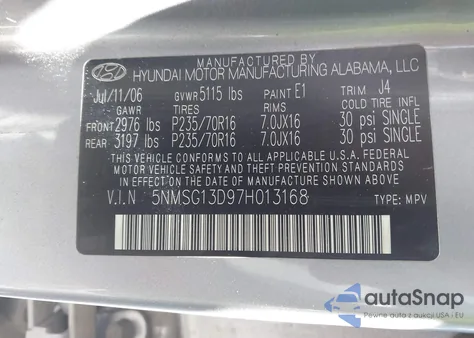 2007 Hyundai Santa Fe Gls z USA, uszkodzony, nr VIN 5NMSG13D97H013168